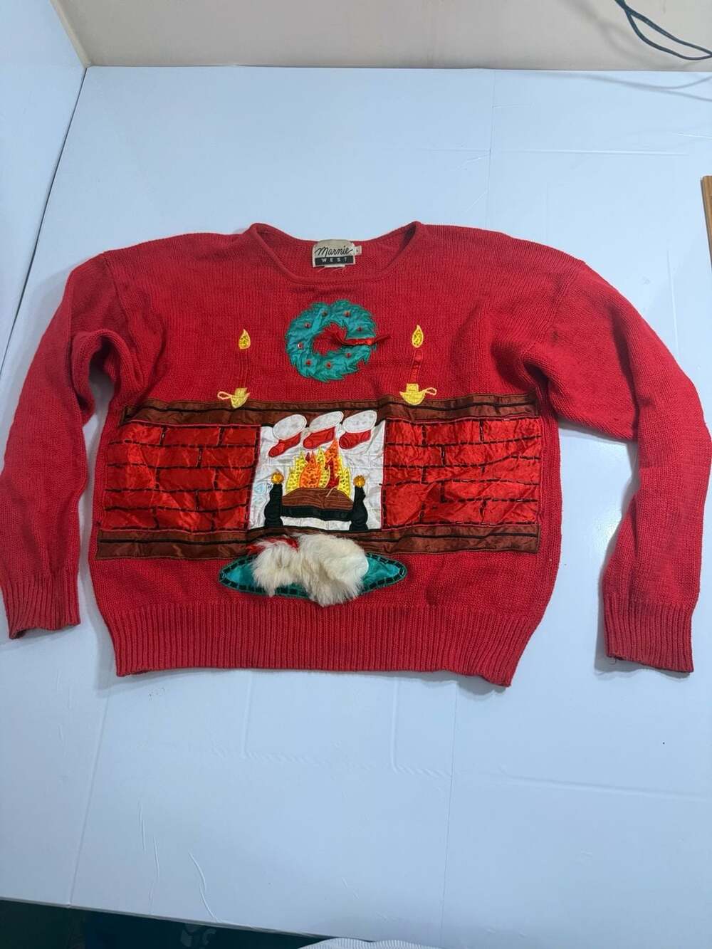 Marnie West Red Christmas Sweater with Fireplace and Wreath Embroidery